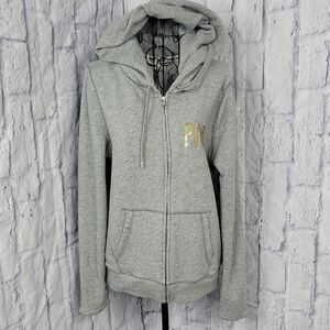 Victoria's Secret Gray Zip-Up Hoodie with Gold Foil Logos Medium